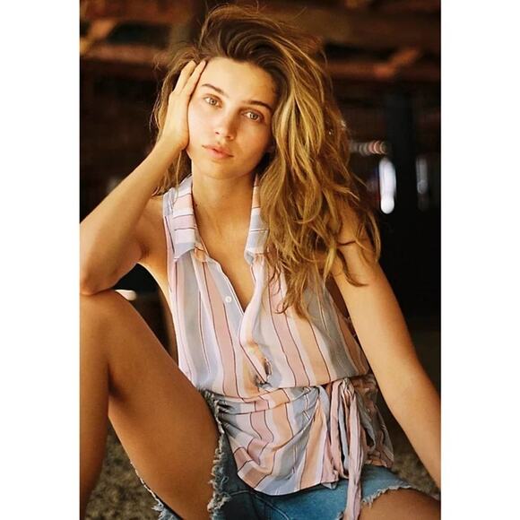 NWT Free People‎ Mackenzie Striped Pink Wrap Top - Picture 1 of 6